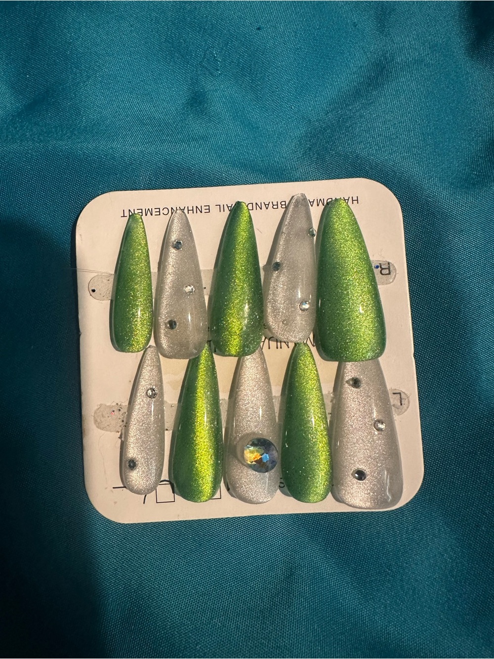 Green & Silver Stiletto Press-On Nails with Rhinestones